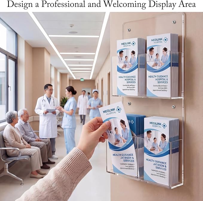Barydat 4 Pocket Acrylic Brochure Holder Wall Mount 7.4 x 4.2 Inches | Clear Pamphlet Holder Plastic Trifold Flyer Rack Magazine Display Stand Wall Hanging Organizer for Office Menu Ads - Image 5