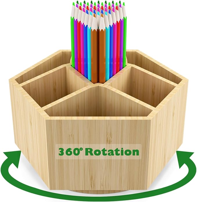Bamboo Art Supply Organizer,Rotating Pencil Holder Back to School Supplies | Hold 350+ Pencils, for Pen, Colored Pencil, Art Brushes, Desktop Storage Caddy for Classroom & Art Studio by Houtingmaan