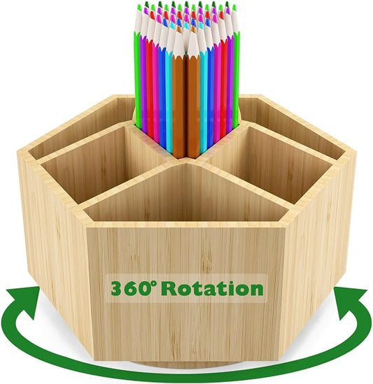Bamboo Art Supply Organizer,Rotating Pencil Holder Back to School Supplies | Hold 350+ Pencils, for Pen, Colored Pencil, Art Brushes, Desktop Storage Caddy for Classroom & Art Studio by Houtingmaan