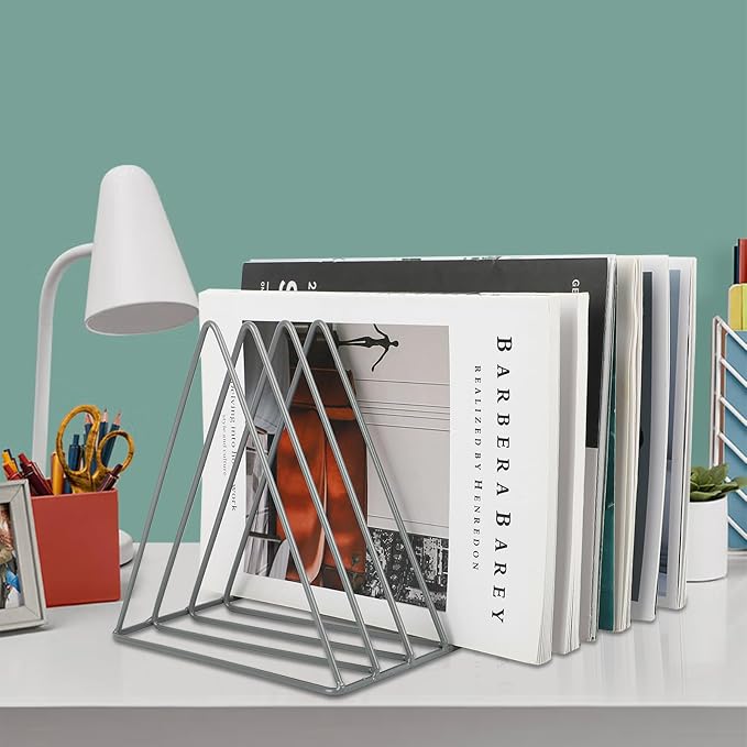 Vinyl Record Holder Storage, 9 Slot Metal Magazine Book Album Display Rack, Stylish Triangle Desktop File Sorter Organizer for Home Office, Grey - Image 8