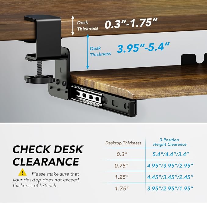 Keyboard Tray Under Desk Pull Out with Extra Sturdy C Clamp Mount System, 27.3 (32.5 inch Including Clamps) x 11 Inch Slide-Out Platform Computer Drawer for Typing Vintage AX01WG02 - Image 5