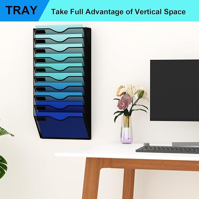10 Pockets Hanging Wall File Organizer Mail Holder, Wall Mounted Paper Document Folder Holder, Clipboard Storage Organization Magazine Rack, Black - Image 7