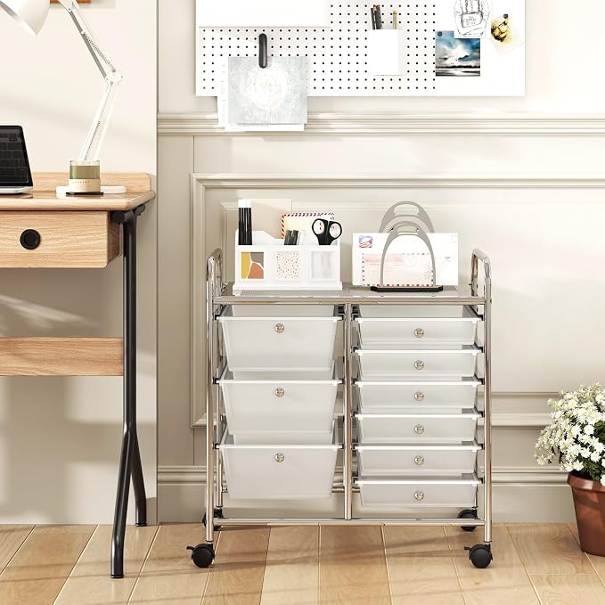 COSTWAY Rolling Storage Cart with 9 Drawer, Utility Cart with Metal Frame | Mobile Art Supply Craft Organizer, Multipurpose Storage Organizer for Paper, Office, School Teacher, Classroom, Transparent - Image 2
