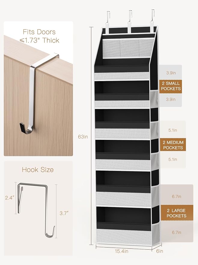 Over the Door Organizer, Heavy-Duty 6-Shelf Hanging Storage with 13 Mesh Pockets, 55lbs Capacity Behind the Door Storage for Nursery, Bathroom, Bedroom, and Dorm, Black - Image 7