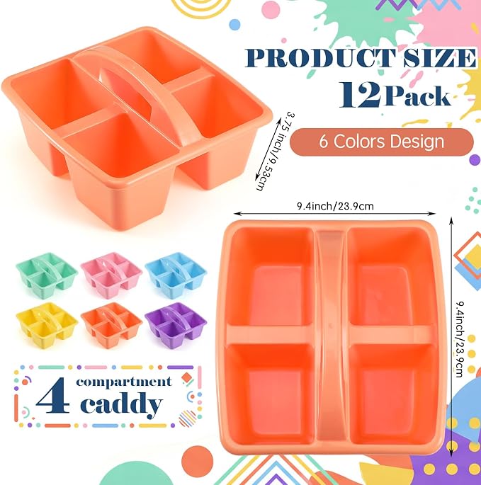 Lineshading 12 Pack Plastic Classroom Caddy - 4 Compartment Organizer Boho Color Table Caddy with Handles for School Home Office Supplies (Yellow,Green,Blue,Pink,Red,Orange) - Image 2