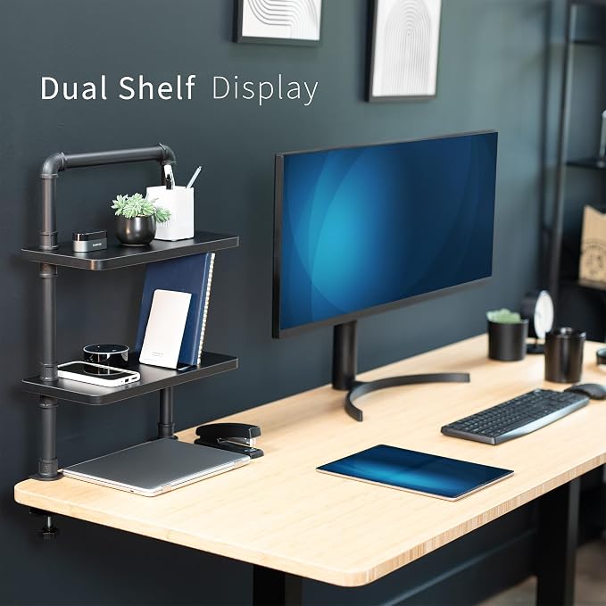 VIVO Clamp-on Premium 16 inch Industrial Pipe 2-Tier Tabletop Shelving, Heavy Duty Desk Extension Organizer, Modern Desktop Display Shelf, Black Shelves, DESK-SHELF16-2B - Image 8
