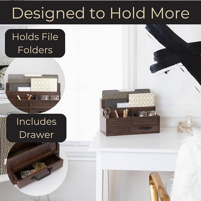 BLU MONACO | Wooden Mail Organizer with Drawer and Pen Holder | Mail Sorter Organizer Countertop for Desk or Kitchen | Outgoing Mail Holder Wood Desktop Storage - Image 4