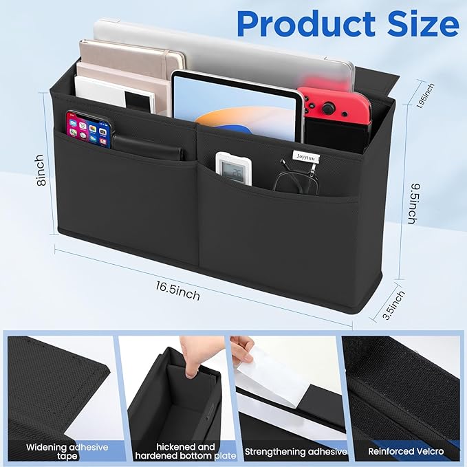 Desk Side Hanging Organizer, Adhesive Storage Bag with Pockets for Magazine Ipad Notebook, for End Tables Home Office Desks Computer Workstations Dressing Table, Black - Image 3