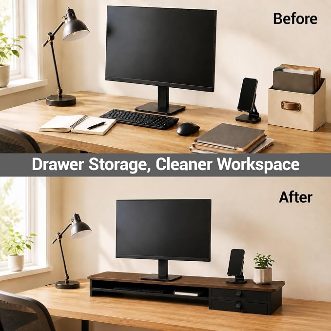 Dual Monitor Stand, 42.5 Inch Wood Monitor Riser with Drawers, 2 Tier Desktop Organizer for Computer Laptop TV, Large Screen Stand for Home Office Desk - Image 7