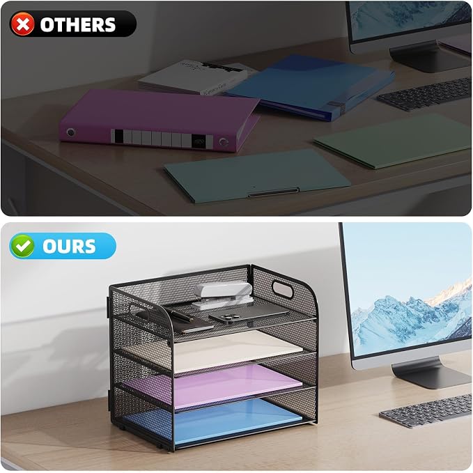 Marbrasse 2 Pack 4 Tier Paper Organizer Letter Tray - Mesh Desk File Organizer with Handle, Paper Sorter Organizer for Letter/A4 Office File Folder Holder (Black, 12.6" x 9.1" x 10.7") - Image 2