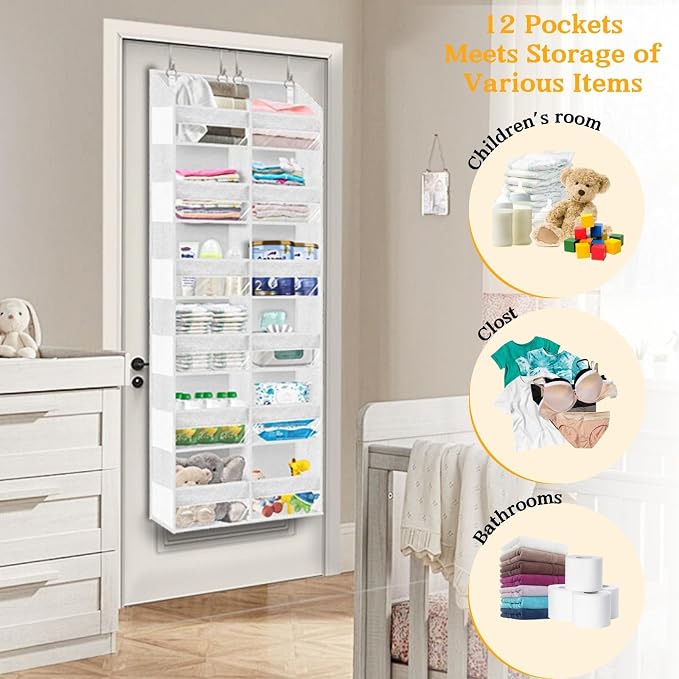Over The Door Organizer 6 Tiers, Extra Large Behind Door Storage of 12 Compartments, 80 lbs Weight Capacity Hanging Storage Organizer with Clear Window Kids Toys, Shoes,Diapers, Room Storage, White - Image 4