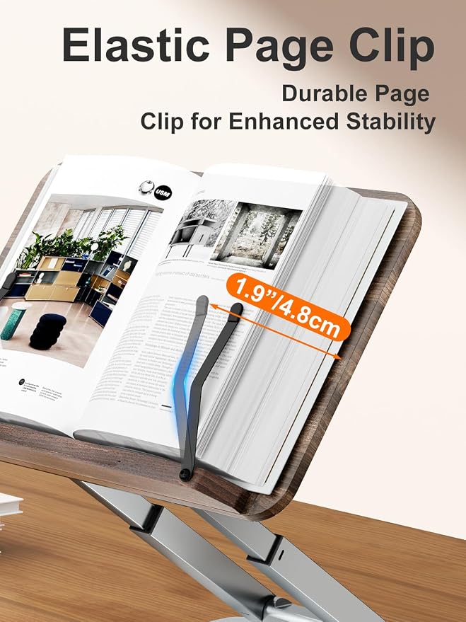 Tounee Book Stand for Reading, Telescopic Book Holder, Adjustable Height Pull Out Design Ergonomic Cookbook Stand with Elastic Page Clips Fits All Books - Image 6