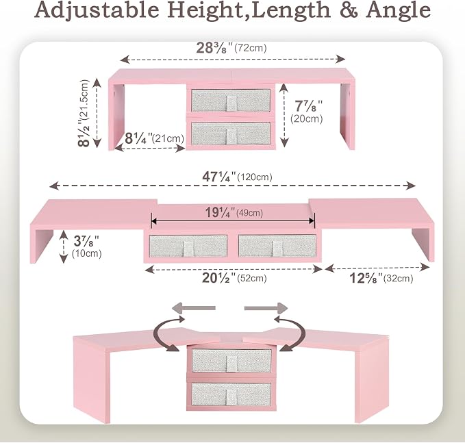 TEAMIX Pink Dual Monitor Stand Riser with 2 Drawers - Length and Angle Adjustable Double Corner Desk Shelf Organizer 37 inch for 2 Laptop/PC/Screen/TV (2 Drawers - 8''H) - Image 5