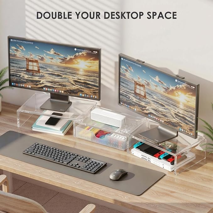 Clear Acrylic Desk Organizers and Accessories, Dual Monitor Stand Riser with Drawer, Desk Shelf Computer Racks for Office Workspace Organizers, Desktop Organization (Transparent) - Image 4
