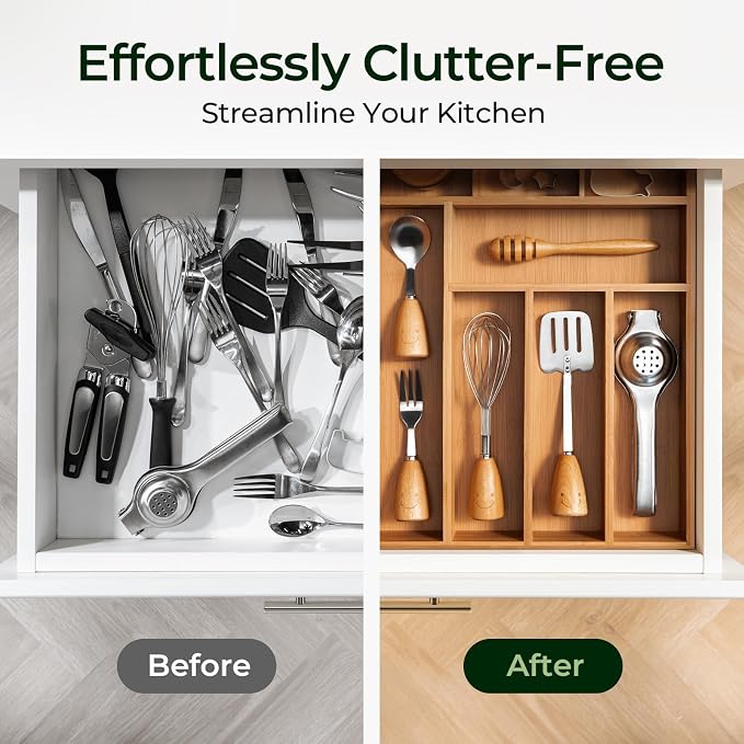 Carbonized Bamboo Kitchen Drawer Organizer, 8 Slots Silverware Organizer, Utensil Holder & Cutlery Tray, 2.2" Deep for Extra Capacity, Non-Slip Feet Included - Image 7