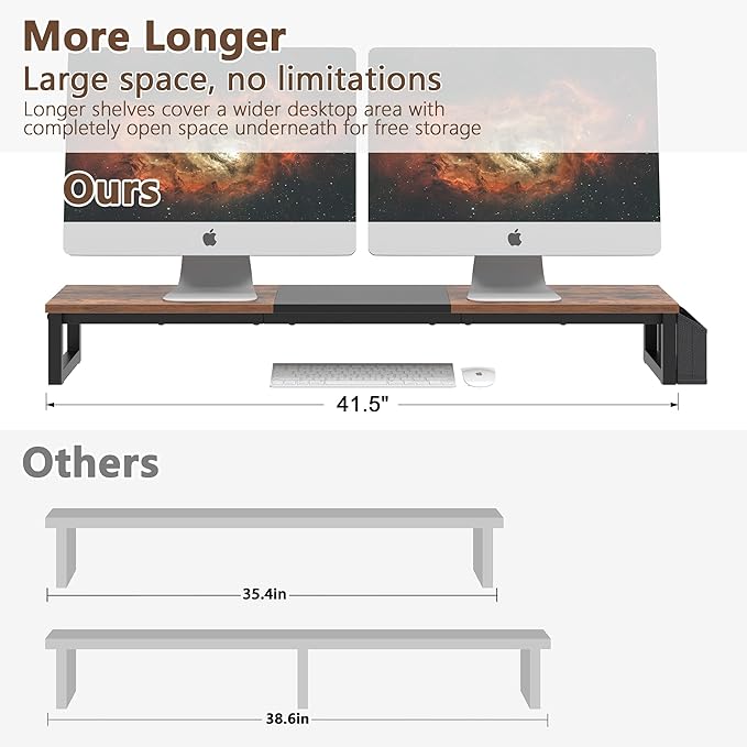 LAND·VOI Dual Monitor Stand Riser,41.5'' Long Monitor Stand for 2 Monitors, Wood Computer Riser with Pocket, Desktop Oraganizer with Pen Holder, Monitor Riser for Desk Computer,Laptop,TV, Rustic Brown - Image 3