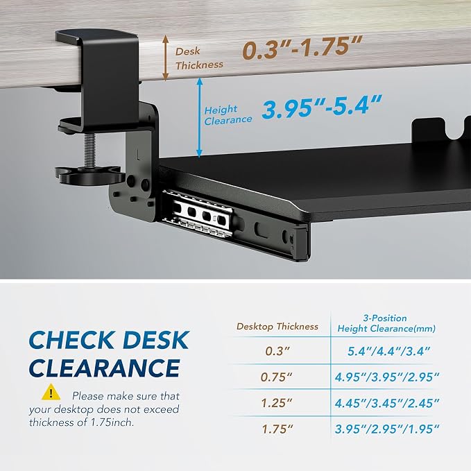 Keyboard Tray Under Desk Pull Out with 3 Height Adjustable Extra Sturdy C Clamp Mount System, 32.8 (38 inch Including Clamps) x 12 Inch Slide-Out Platform Computer Drawer for Typing - Image 4