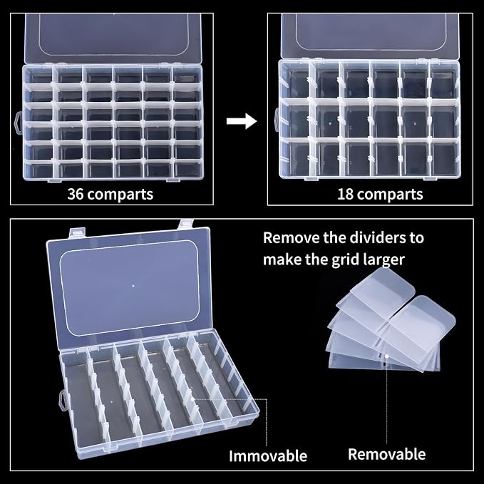 Bead Organizer Storage 2 Pack 36 Grid Jewelry Tackle Craft Box Adjustable | Clear Plastic, Adjustable Dividers, Label Stickers Included, for Beads Jewelry Crafts Fishing Tackle and Small Parts - Image 4