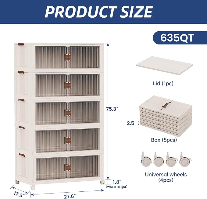 SAILUN 635Qt Stackable Storage Bins,Storage Cabinet a Lid,5Pack Blush White | Stackable Storage Drawers with Lids,28" W x 17" D x 75" H,Featuring open-front Access for Clothes and Closet Storage - Image 5