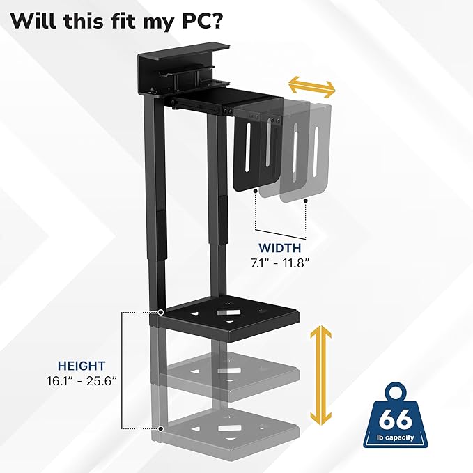 Mount-It! Under Desk PC Mount for Standing Desk, Heavy-Duty Clamp-On CPU Holder, Adjustable Computer Tower Mount for Desk, No-Drill, 66 lb Capacity, Fits Mid & Full Towers - Image 4