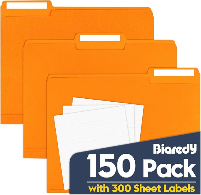 File Folders,Colored File Folders Letter Size,8.5" x 11",150 Pack 1/3 Cut Tab Bulk Folders,Durable Paper Folders with Blank Labels for Office Business School Home Use,Pumpkin Orange by Unknown