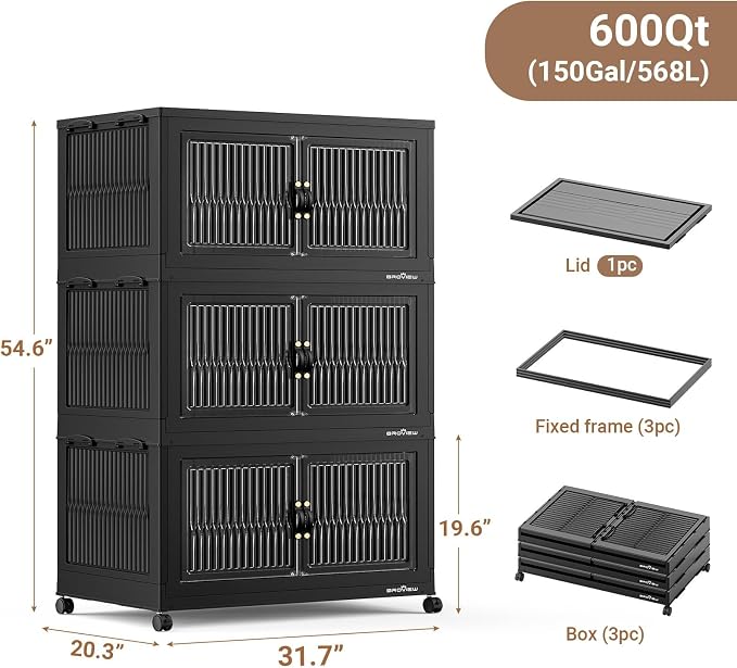 BROVIEW 600Qt Extra Large Stackable Storage Bins with Lids, Closet Organizer Collapsible Drawer Boxes with Wheels, Folding Plastic Cabinet Containers for Home Kitchen Room Organization, 3Pack Black - Image 2