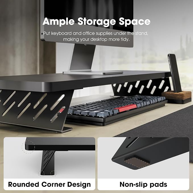 Fenge Monitor Stand Riser, Wooden & Metal Desk Shelf Organizer, Black | 31.5in Computer Stand, Single Monitor Setup, for Compact Work Station, Multifunctional Monitor Shelf for Laptop, PC, Printer - Image 6