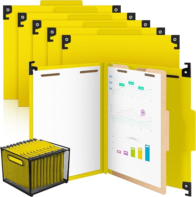 Henoyso 10 Pcs Hanging Classification Folders with Prongs, 1 Divider/ 4 Section, Letter Size, 4 Fasteners, 2 Inch Expansions, 1/3-cut Tab Pressboard File Folder for Office School Medical(Yellow) by Henoyso