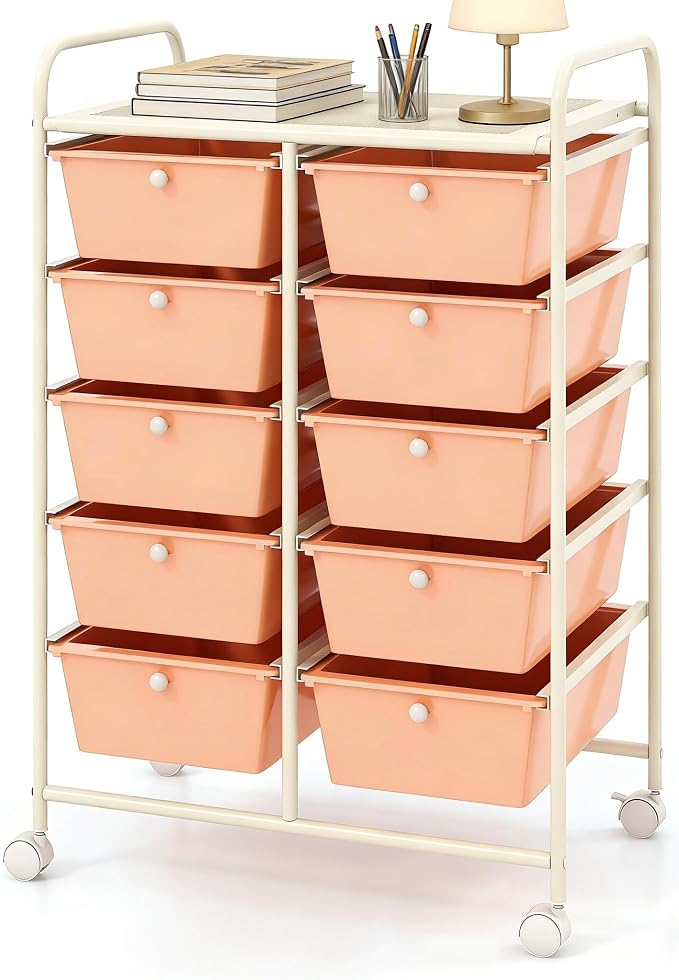 COSTWAY 10 Drawer Rolling Storage Cart, Utility Cart with Lockable Wheels | Mobile Art Supply Craft Organizer with Metal Frame, Multipurpose Drawer Cart for Paper for Office, School, Peach by COSTWAY