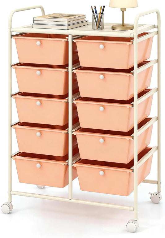 COSTWAY 10 Drawer Rolling Storage Cart, Utility Cart with Lockable Wheels | Mobile Art Supply Craft Organizer with Metal Frame, Multipurpose Drawer Cart for Paper for Office, School, Peach by COSTWAY