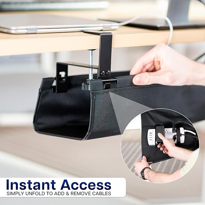 VIVO Clamp-on Under Desk 31 inch Fabric Cable Management Tray, Wire Concealer, Power Strip Storage, Workspace Organization, Easy Fold Down Access, Black, DESK-AC31F-C - Image 3