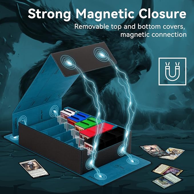 5 Row Trading Card Storage Box, 3800+Bulk Card Organizer Box with 20 Dividers & 5 Supporters, Graded Card Deck Box for YuGiOh, MTG, TCG with Double Lid Black/Cyan - Image 4