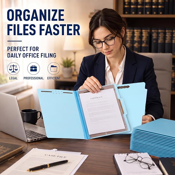 Tinlade 20 Pcs Classification Folder Set Includes 10 Blue Classification Folders with 1 Divider 2" Expansion and 10 Clear Poly File Jackets Letter Size 2 Prong Fasteners for Law Client Medical Files - Image 7