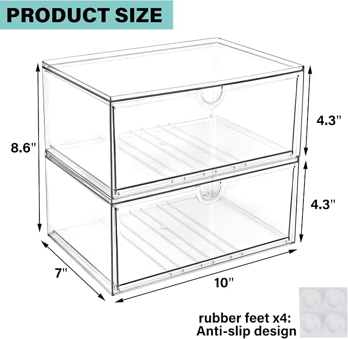 Prsildan Acrylic Makeup Organizer, 2 Pack Stackable Clear Storage Drawers for Baby Bottles Desk Organizers with 2 Drawers for Countertop Vanity Nursery Modular System for Cosmetics Jewelry - Image 3