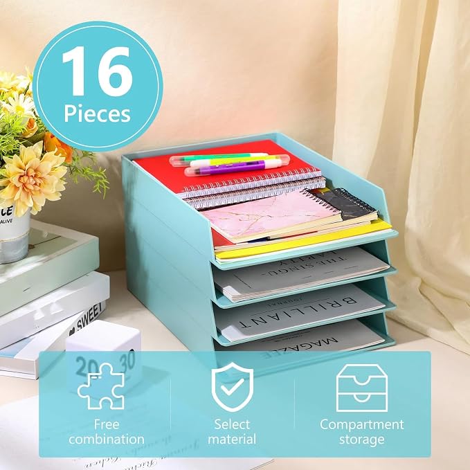 Tatuo 16 Pack Stackable Paper Trays Plastic Letter Tray Desk Organizer Paper Holder Organizer Storage Office Desk Accessories for Classroom Magazine File Documents 12.8 x 9.45 x 1.97, Blue Green - Image 3