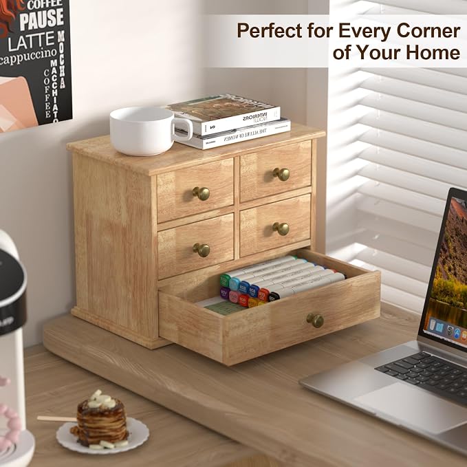 Oak Desk Organizer with Drawers, Durable Wooden Desktop Storage Box | 5 Drawer Tabletop Organizer with Metal Handle & Non-Slip Pad for Office, Bedroom, Bathroom, Vanity, Makeup, Light Burnt Brown - Image 4