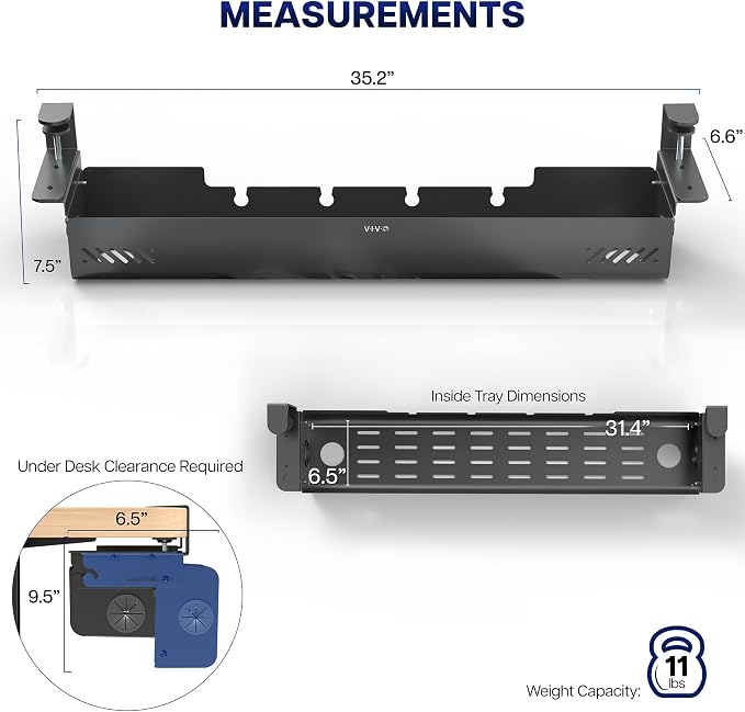 VIVO No Drill 35 inch Under-Desk Clamp-On Cable Management Box with Flip-Open Lid, Easy-to-Open Steel Cord and Power Strip Organizer, Cable Organizer Tray, 11 lbs Capacity, Black, DESK-ACMB35-C - Image 4