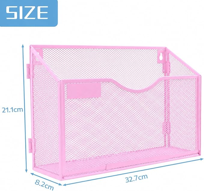 1 Pocket Mesh Wall File Holder Organizer Office Hanging File Folder Magazine Rack, Nametag Label Hooks Set Included (Pink) - Image 2