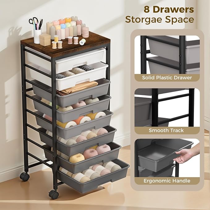 Rolling Cart with 8 Drawers, Plastic Drawer Storage Carts with Wheels & Wooden Tabletop, Metal Utility Cart Organizer for Bedroom Living Room Office Classroom Craft Organization and Storage, Grey - Image 4
