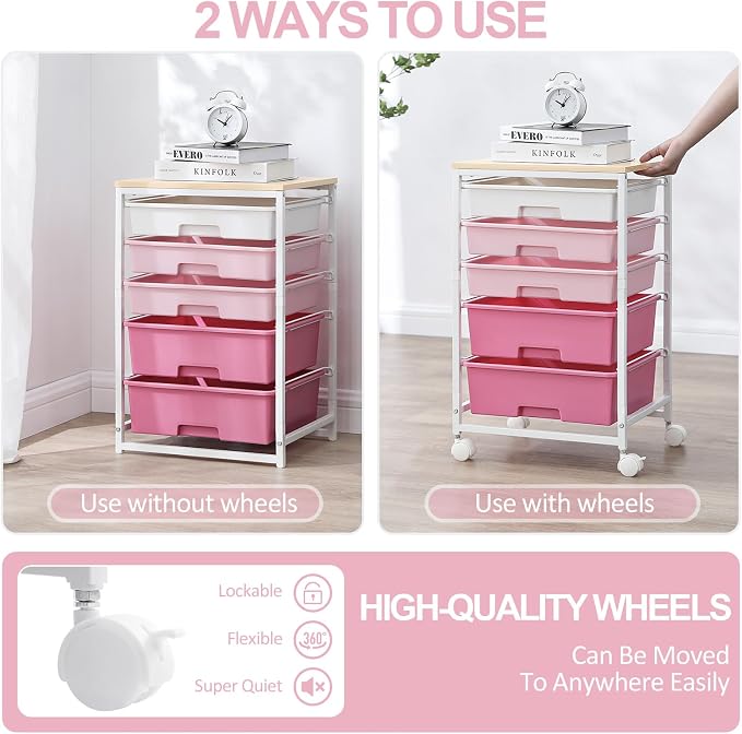 SYKIARIOL Utility Cart with Drawers,5 Drawers Storage Cart,Rose Pink | 5-Tiers Drawer Cart with Wooden Top with Lockable Wheels for Craft Organizers and Storage,Home Office,Classroom,Dorm,Playroom - Image 7
