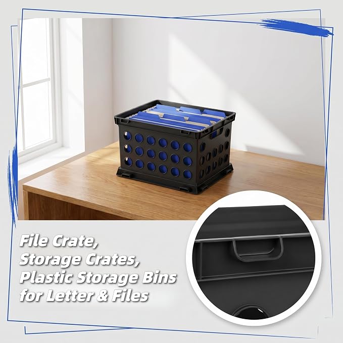 6-Pack File Crate, Storage Crates, Plastic Storage Bins for Letter & Files, Stackable Organizer Box with Handles, Black File Organizer for Home Office & Garage, 17.25" L x 14.25" W - Image 5