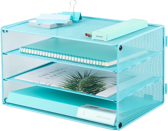 Paper Organizer Tray, 3 Tier Mesh Desk File Organizer Letter Sorter Holder for Home Office, Blue by EASEPRES
