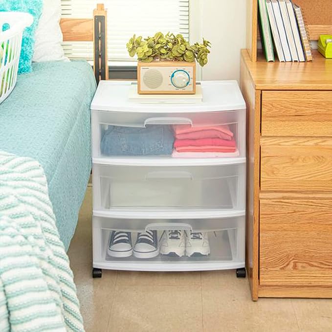 Plastic Storage Drawer Cart, Medium Home Organization Storage Container with 3 Large Clear Drawers With Wheels (White) - Image 6