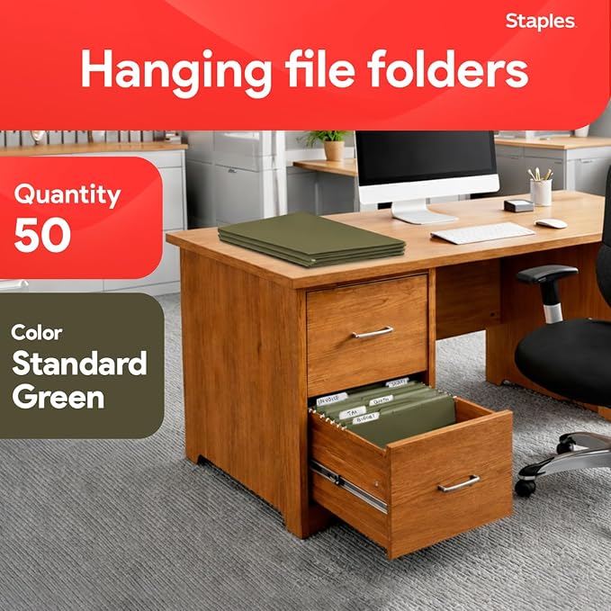 Staples 95% Recycled Hanging File Folder, 1/5-Cut Tab, Legal Size, Standard Green, 50/Box (ST490853/490853) | Reinforced top for durability; organizes documents in standard-size drawers. - Image 2