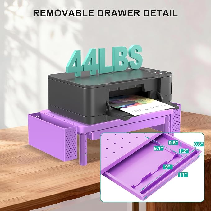 WALI Computer Monitor Stand with Storage, Desk Organizer with Drawer and Pen Holder, Desk Monitor Riser 3 Height Adjustable, Laptop Riser for Laptop, Printer (PTT003-V), 1 Pack, Violet - Image 4