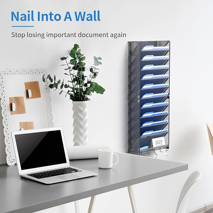 OUTWOLF Hanging Wall File Organizer with Hooks, 12 Tier Vertical Wall Mount File Holder, File Folder Wall Organizer for Office - Image 2