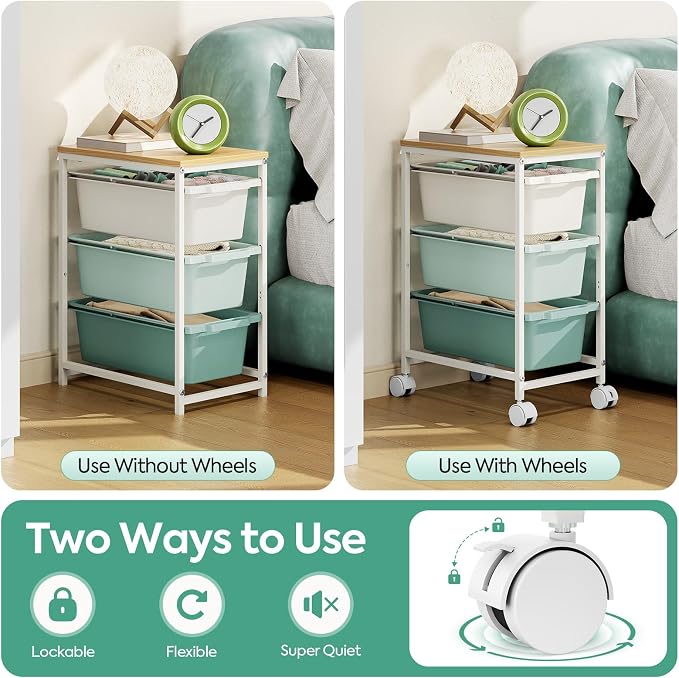 KINGBOARD Slim Rolling Cart with 3 Drawers, Metal Utility Storage Cart | Wooden Tabletop, Lockable Wheels, Under Desk Trolley for Bedroom, Children's Room and Office Organization, Green - Image 8