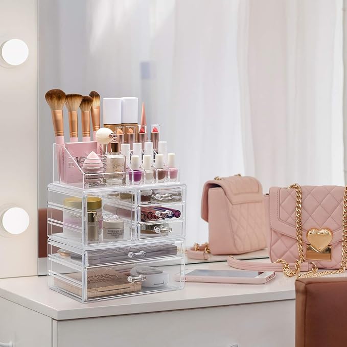 Sorbus Large Clear Makeup Organizer - Detachable 3-Piece Jewelry & Make Up Organizers and Storage Set - Spacious Cosmetic Display Tower - Makeup Organizer for Vanity, Bathroom, Dresser & Countertop - Image 3