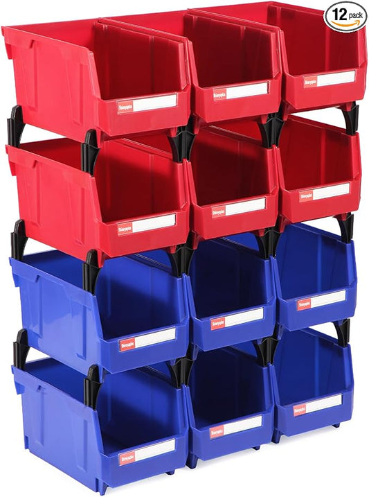 12 Packs Stackable Storage Bins, 7" x 5" x 4" Parts Bin, | Plastic Parts Organizer Bins, for Garage, Warehouse, Workbench, Hardware & Office by Shineyaplus