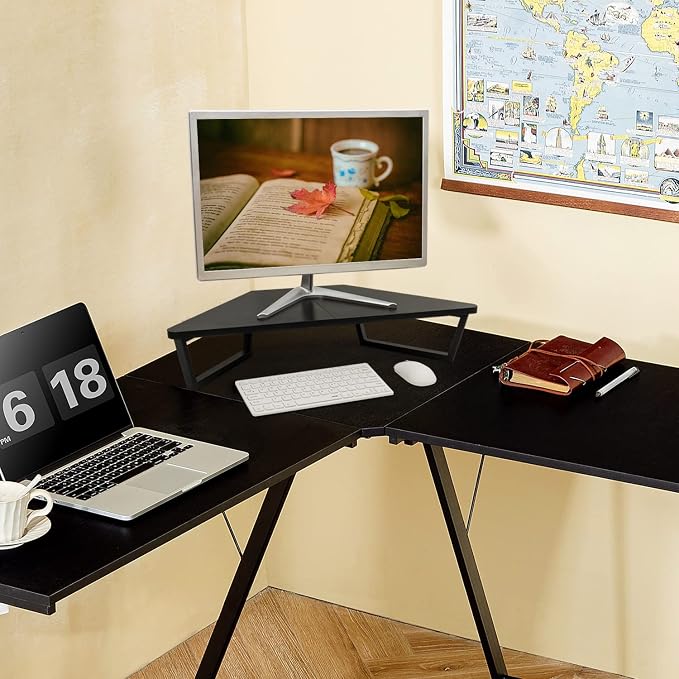 TEAMIX 26 inch Corner Monitor Stand Riser with Keyboard Storage, Black | Triangle Monitor Stand, Wood & Metal Computer Stand, Laptop Riser, Desktop Organizer, for L Shaped Desk, Home Office & Gaming - Image 6